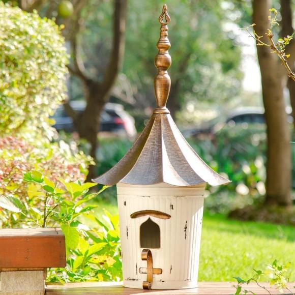 Glitzhome Glitzhome 29.75"H Farmhouse Washed White Distressed Metal Pagoda Birdhouse With Bronze Roof