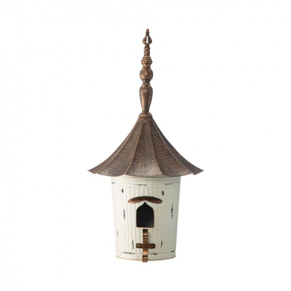 glitzhome Glitzhome 29.75"H Farmhouse Washed White Distressed Metal Pagoda Birdhouse with Bronze Roof