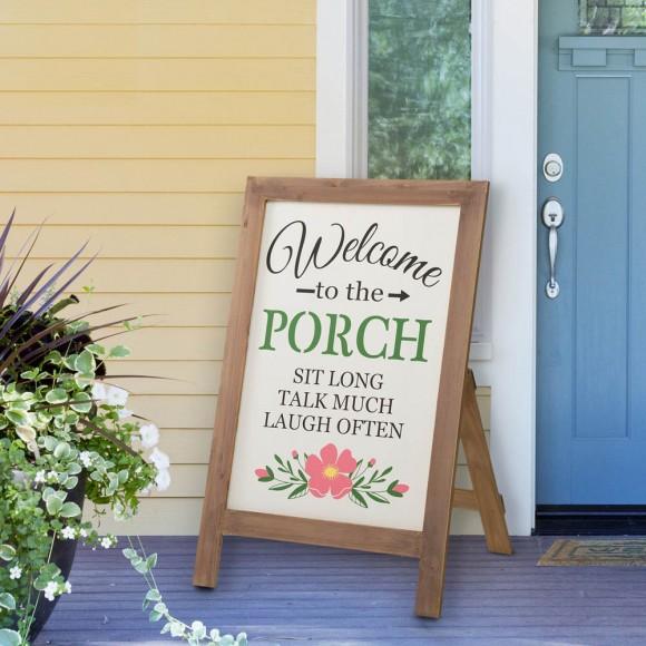 Glitzhome Glitzhome 29.75"H "Welcome To The Porch" Wood Framed Easel Porch Sign With Flowers