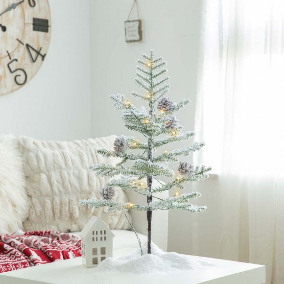 Glitzhome Glitzhome 2ft Lighted Pre-Lit Upward Wrapped Flocked Pine Artificial Christmas Greenery Table Tree(Includes Timer)