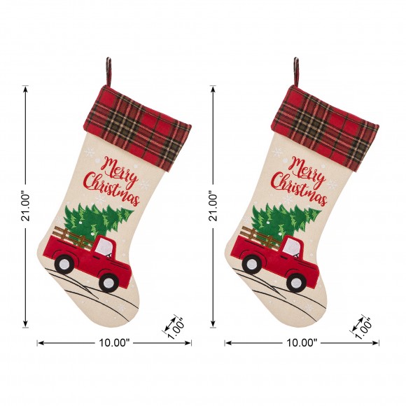 Glitzhome Glitzhome 2pk 21''L Embroidered Linen Christmas Stocking - Red Truck