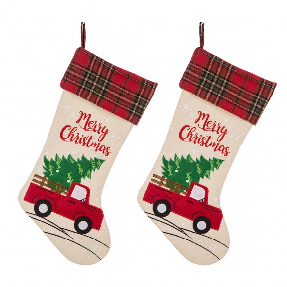 glitzhome Glitzhome 2pk 21''L Embroidered Linen Christmas Stocking - Red Truck