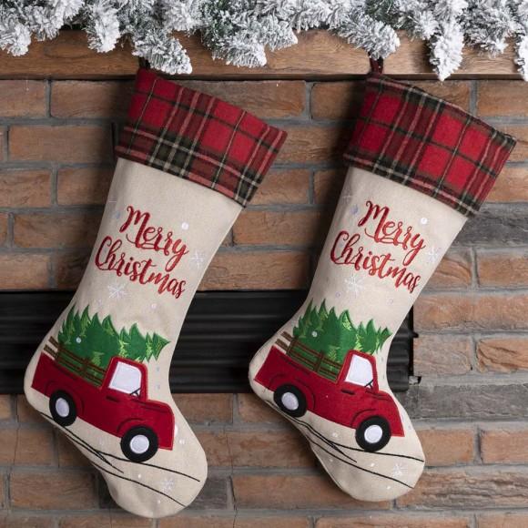 Glitzhome Glitzhome 2pk 21''L Embroidered Linen Red Truck Christmas Stocking