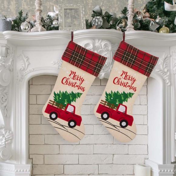 Glitzhome Glitzhome 2pk 21''L Embroidered Linen Red Truck Christmas Stocking