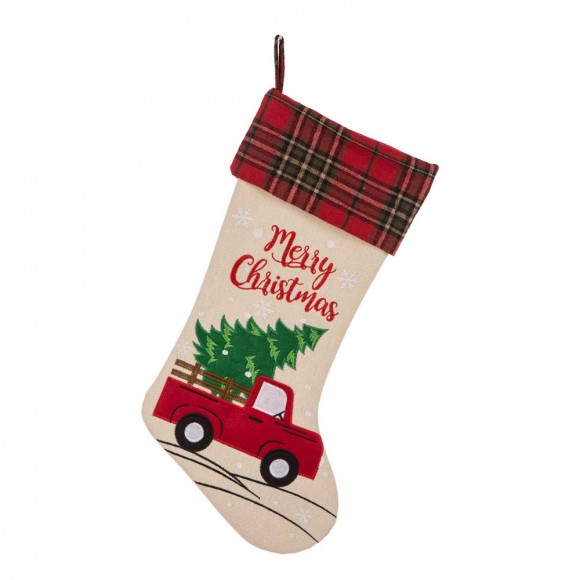 Glitzhome Glitzhome 2pk 21''L Embroidered Linen Red Truck Christmas Stocking