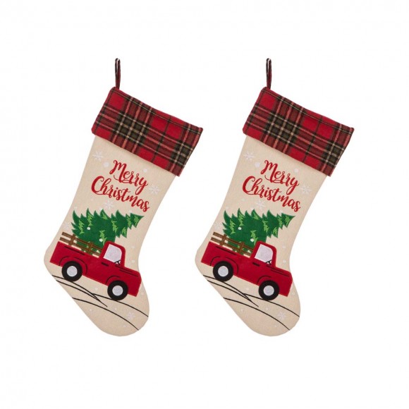 glitzhome Glitzhome 2pk 21''L Embroidered Linen Red Truck Christmas Stocking