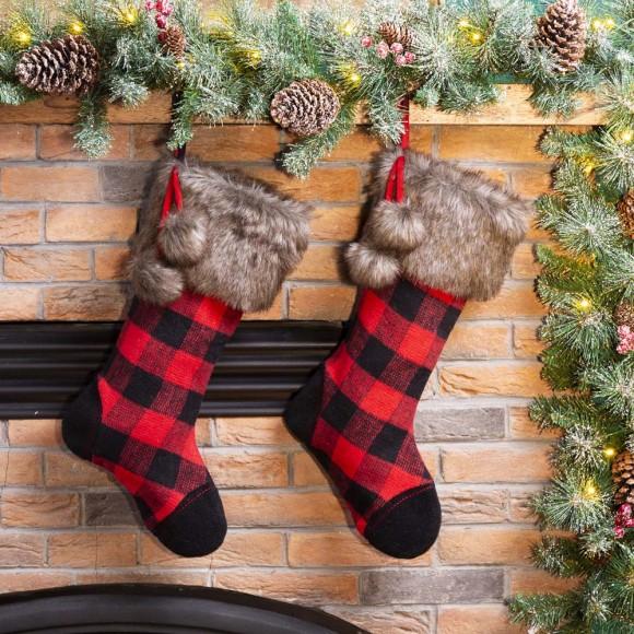 Glitzhome Glitzhome 2pk 21"L Fur Black/Red Buffalo Plaid Christmas Stocking