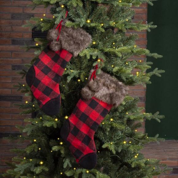 Glitzhome Glitzhome 2pk 21"L Fur Black/Red Buffalo Plaid Christmas Stocking