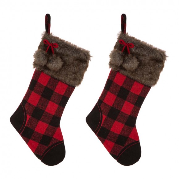 glitzhome Glitzhome 2pk 21"L Fur Black/Red Buffalo Plaid Christmas Stocking