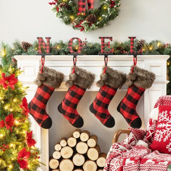 Glitzhome Glitzhome 2pk 21"L Fur Black/Red Buffalo Plaid Stocking