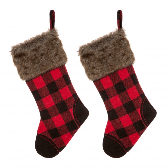 Glitzhome Glitzhome 2pk 21"L Fur Black/Red Buffalo Plaid Stocking