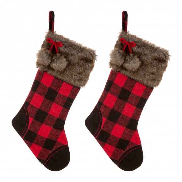 glitzhome Glitzhome 2pk 21"L Fur Black/Red Buffalo Plaid Stocking
