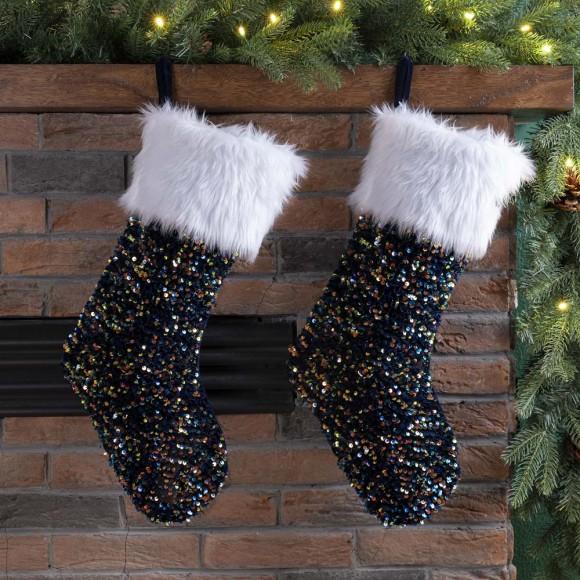 Glitzhome Glitzhome 2pk 21"L Navy Blue Sequin Christmas Stocking With Faux Fur Cuff