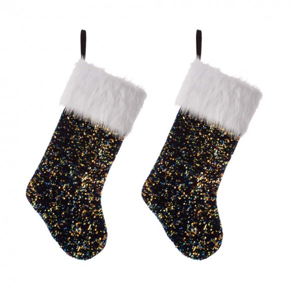 glitzhome Glitzhome 2pk 21"L Navy Blue Sequin Christmas Stocking with Faux Fur Cuff