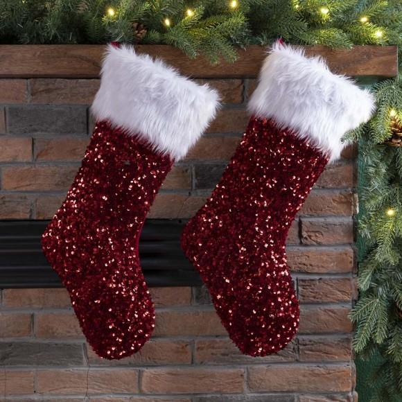 Glitzhome Glitzhome 2pk 21"L Red Sequin Christmas Stocking With Faux Fur Cuff