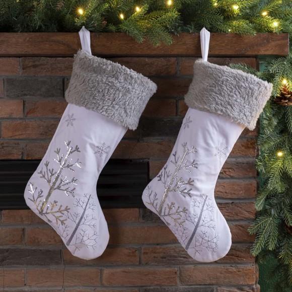 Glitzhome Glitzhome 2pk 21"L White Fleece With Christmas Tree And Snowflake Stocking