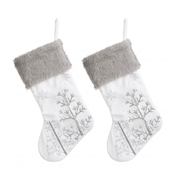 Glitzhome Glitzhome 2pk 21"L White Fleece With Christmas Tree And Snowflake Stocking