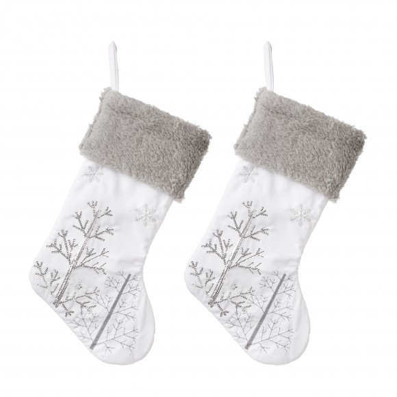 glitzhome Glitzhome 2pk 21"L White Fleece with Christmas Tree and Snowflake Stocking