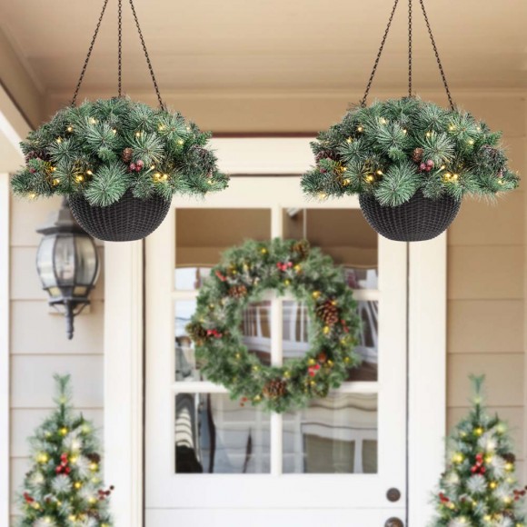 Glitzhome Glitzhome 2PK 24"D Pre-Lit Ligthed Frosted Christmas Artificial Pinecone Hanging Basket (Inlcudes Timer)