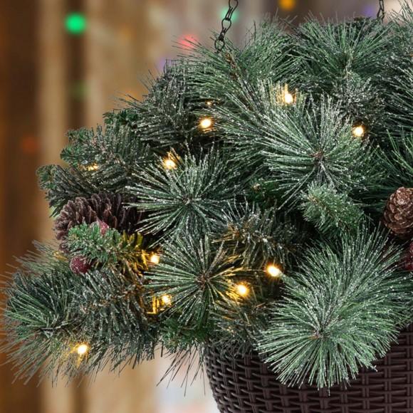 Glitzhome Glitzhome 2PK 24"D Pre-Lit Ligthed Frosted Christmas Artificial Pinecone Hanging Basket (Inlcudes Timer)