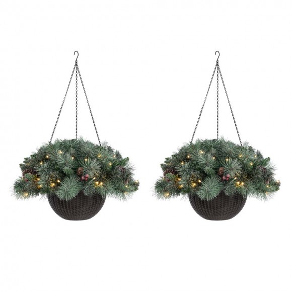 glitzhome Glitzhome 2PK 24"D Pre-Lit Ligthed Frosted Christmas Artificial Pinecone Hanging Basket (Inlcudes Timer)