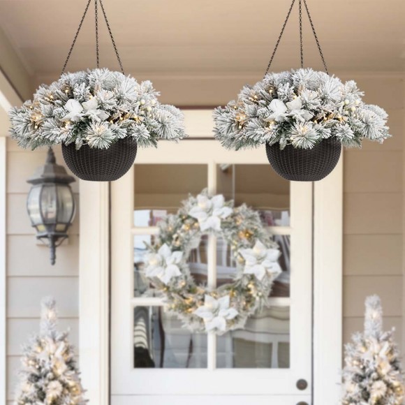 Glitzhome Glitzhome 2PK 24"D Pre-Lit Ligthed Snow Flocked Christmas Artificial Pine Poinsettia Hanging Basket(Includes Timer)