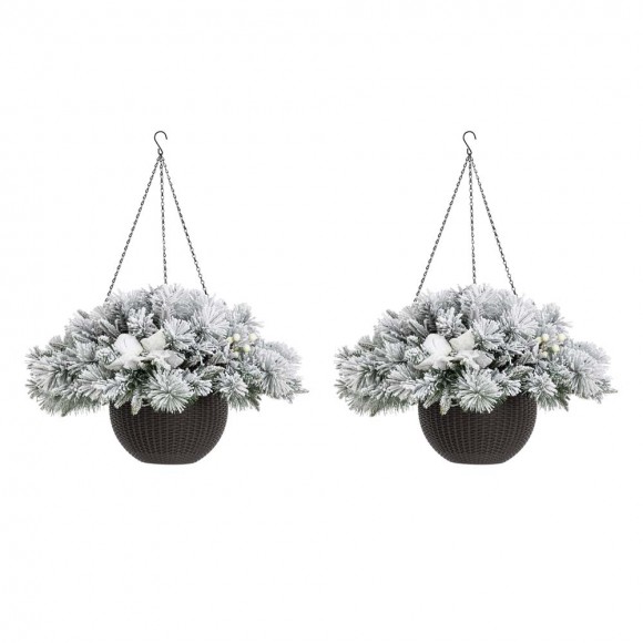 Glitzhome Glitzhome 2PK 24"D Pre-Lit Ligthed Snow Flocked Christmas Artificial Pine Poinsettia Hanging Basket(Includes Timer)