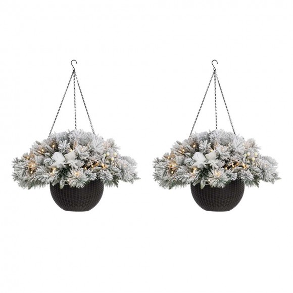 glitzhome Glitzhome 2PK 24"D Pre-Lit Ligthed Snow Flocked Christmas Artificial Pine Poinsettia Hanging Basket(Includes Timer)