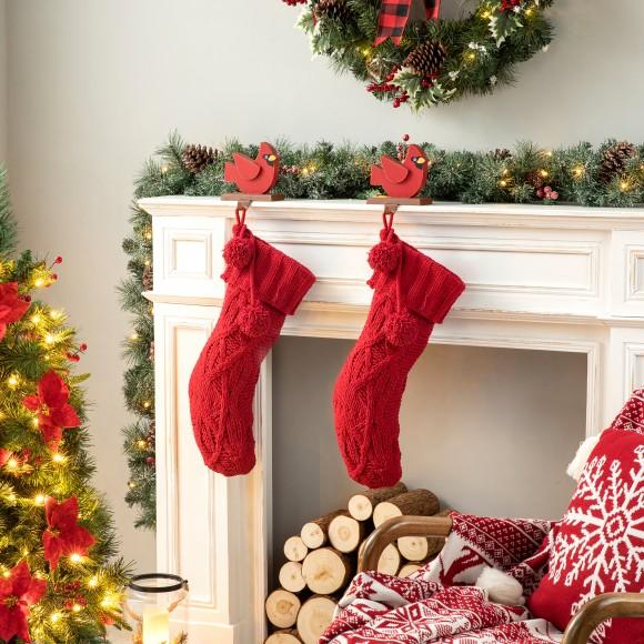 Glitzhome Glitzhome 2pk 24"L Knitted Polyester Christmas Stocking W/Pom Pom Ball-Red