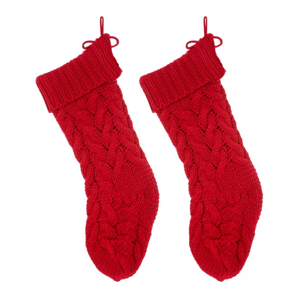 Glitzhome Glitzhome 2pk 24"L Knitted Polyester Christmas Stocking W/Pom Pom Ball-Red