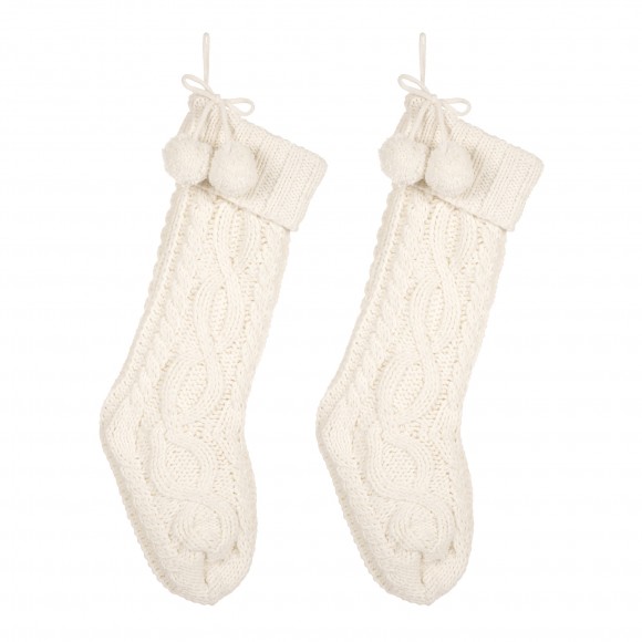 glitzhome Glitzhome 2pk 24"L Knitted Polyester Christmas Stocking w/Pom Pom Ball-White