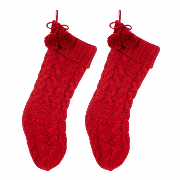 glitzhome Glitzhome 2pk 24"L Knitted Polyester Christmas Stocking w/Pom Pom Ball-Red