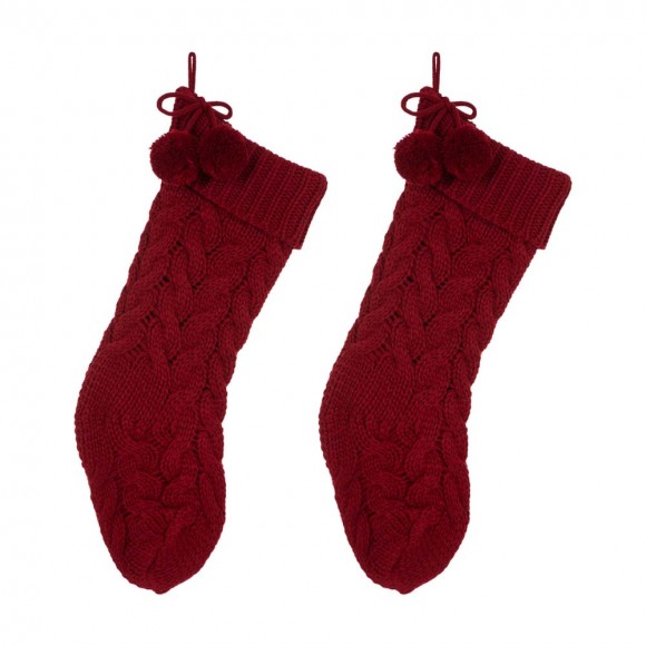 glitzhome Glitzhome 2pk 24"L Red Knitted Polyester Christmas Stocking with Pom Pom Ball