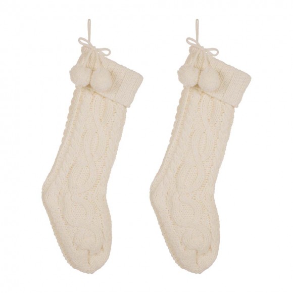 glitzhome Glitzhome 2pk 24"L White Knitted Polyester Christmas Stocking with Pom Pom Ball