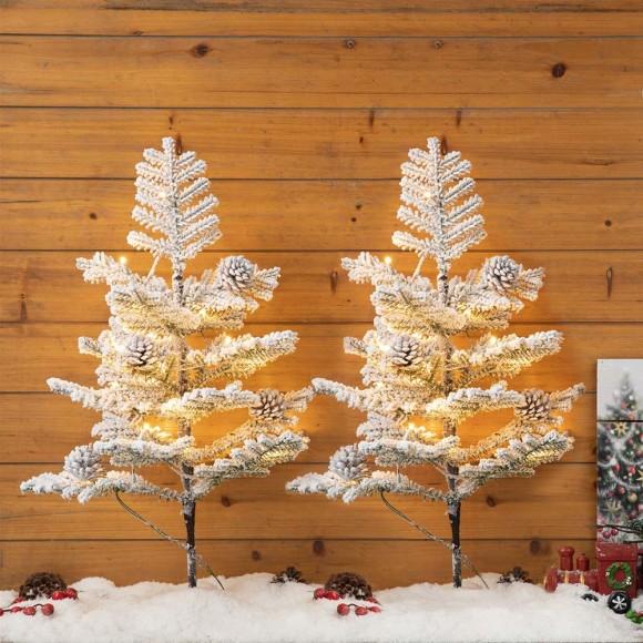 Glitzhome Glitzhome 2PK 2ft Lighted Pre-Lit Upward Wrapped Flocked Pine Artificial Christmas Greenery Table Tree(Includes Timer)