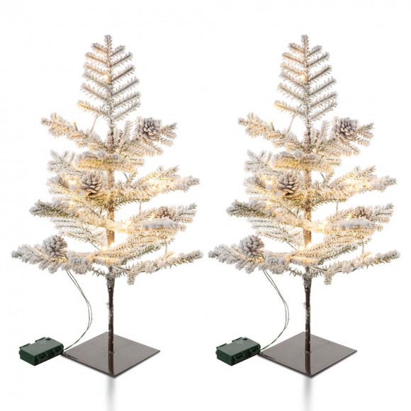 glitzhome Glitzhome 2PK 2ft Lighted Pre-Lit Upward Wrapped Flocked Pine Artificial Christmas Greenery Table Tree(Includes Timer)