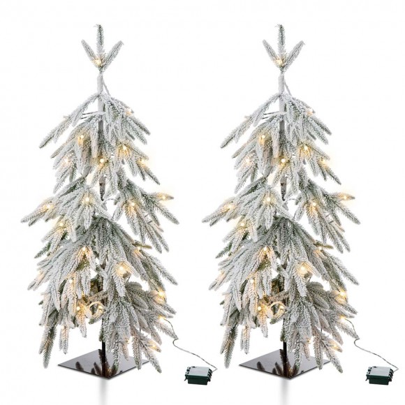 glitzhome Glitzhome 2PK 3ft Lighted Pre-Lit Downward Wrapped Flocked Pine Artificial Christmas Greenery Table Tree(Includes Timer)