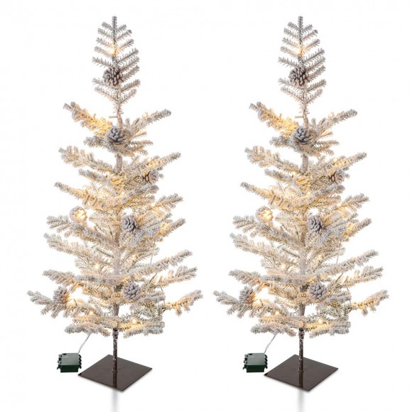 glitzhome Glitzhome 2PK 3ft Lighted Pre-Lit Upward Wrapped Flocked Pine Artificial Christmas Greenery Table Tree(Includes Timer)