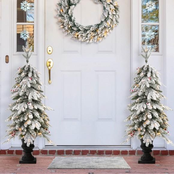 Glitzhome Glitzhome 2PK 4FT Pre-Lit Flocked Fir Artificial Christmas Porch Tree With 100 Warm White Lights And Red Berries
