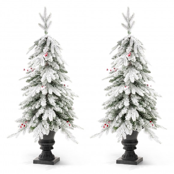 Glitzhome Glitzhome 2PK 4FT Pre-Lit Flocked Fir Artificial Christmas Porch Tree With 100 Warm White Lights And Red Berries