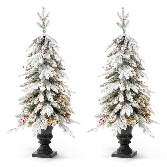 glitzhome Glitzhome 2PK 4FT Pre-Lit Flocked Fir Artificial Christmas Porch Tree with 100 Warm White Lights and Red Berries