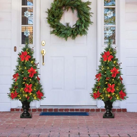 Glitzhome Glitzhome 2PK 4ft Pre-Lit Pine Artificial Christmas Porch Tree With 100 Warm White Lights Poinsettia And Red Berries
