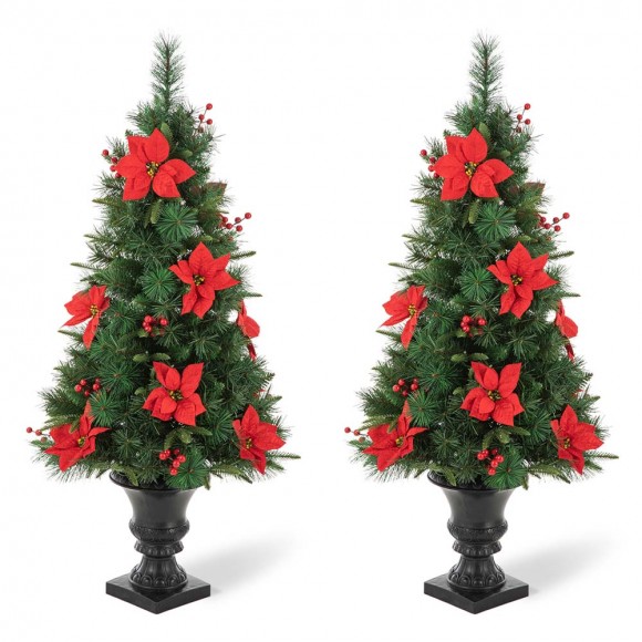 Glitzhome Glitzhome 2PK 4ft Pre-Lit Pine Artificial Christmas Porch Tree With 100 Warm White Lights Poinsettia And Red Berries