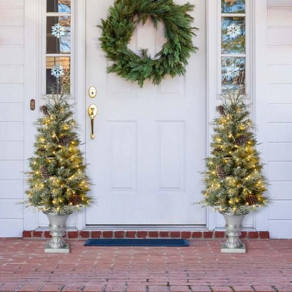 Glitzhome Glitzhome 2PK 4ft Pre-Lit Pine Artificial Christmas Porch Tree With 130 Warm White Lights And Pinecones