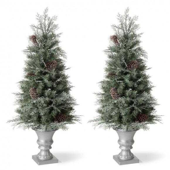 Glitzhome Glitzhome 2PK 4ft Pre-Lit Pine Artificial Christmas Porch Tree With 130 Warm White Lights And Pinecones
