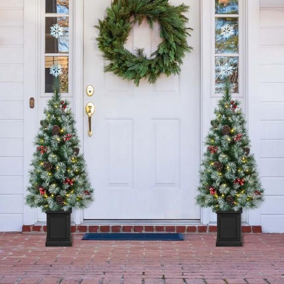 Glitzhome Glitzhome 2PK 4ft Pre-Lit Pine Artificial Christmas Porch Tree With 80 Warm White Lights Pinecones And Red Berries