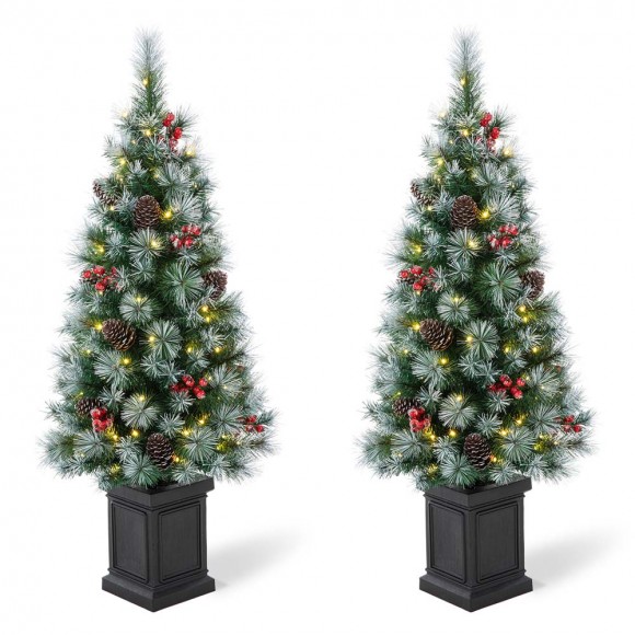 glitzhome Glitzhome 2PK 4ft Pre-Lit Pine Artificial Christmas Porch Tree with 80 Warm White Lights Pinecones and Red Berries