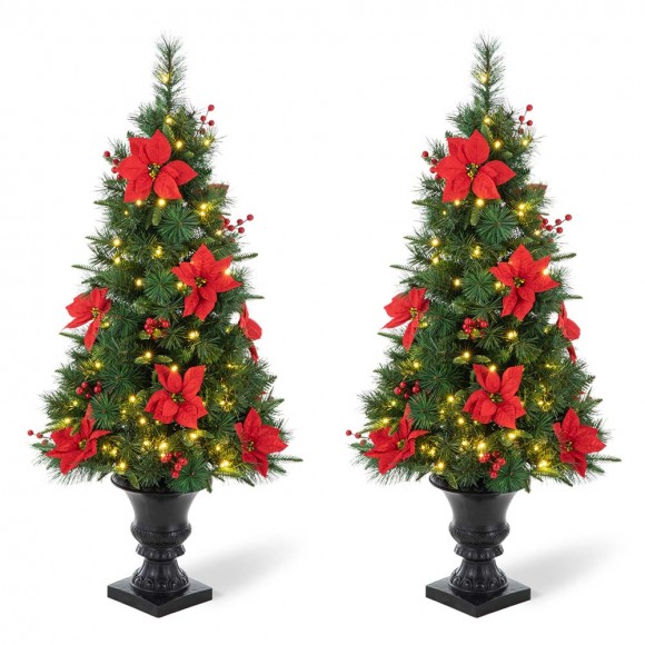 glitzhome Glitzhome 2PK 4ft Pre-Lit Pine Artificial Christmas Porch Tree with 100 Warm White Lights Poinsettia and Red Berries