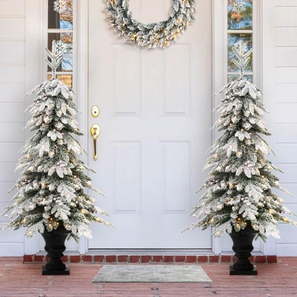 Glitzhome Glitzhome 2PK 5FT Pre-Lit Flocked Fir Artificial Christmas Porch Tree With 150 Warm White Lights And Red Berries