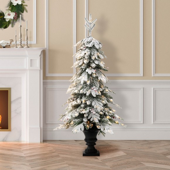 Glitzhome Glitzhome 2PK 5FT Pre-Lit Flocked Fir Artificial Christmas Porch Tree With 150 Warm White Lights And Red Berries
